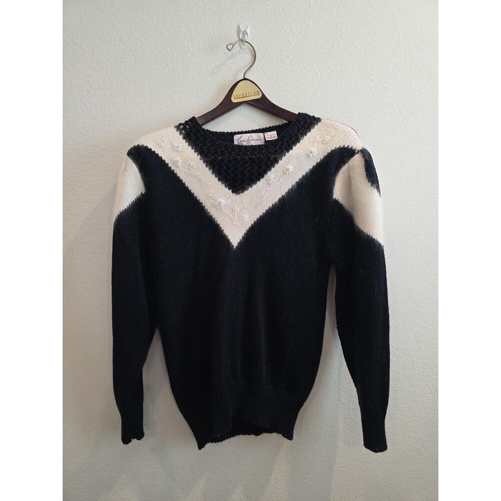 Vintage Eddie Dassin Black White Floral‎ Pearl Embroidered Knit Sweater Medium